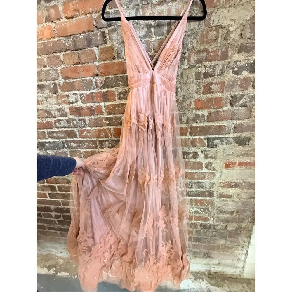 LUXXEL •  Blush Pink Velvet Floral and Tulle Deep V Plunge Back Spaghetti Cross
